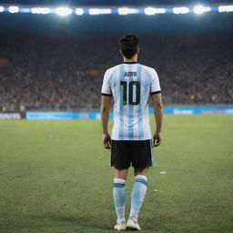 Back view of a man in a 2018 Argentina jersey, number 10, named AJBIR, standing in a football stadium field at night, proudly holding the World Cup in his left hand, with a shining sky above him and a crowded gallery in the background.