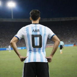 A 25-year-old man standing in a football stadium field, holding the World Cup in his left hand, under the shining night sky. He is wearing a 2018 Argentina number 10 jersey with the name 'AJBIR' on it. Image is taken from his back side, with a gallery in the background.