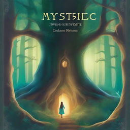 A captivating book cover featuring an enchanted forest with towering trees, mystical creatures, and a glowing path leading to a hidden castle