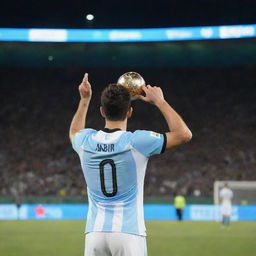 A 25-year-old man standing in a football stadium field, holding the World Cup in his left hand, under the shining night sky. He is wearing a 2018 Argentina number 10 jersey with the name 'AJBIR' on it. Image is taken from his back side, with a gallery in the background.