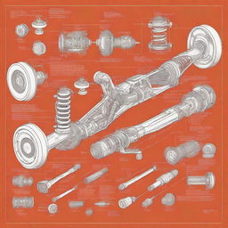 A detailed technical sketch of a car suspension system, showcasing the various components such as shock absorbers, springs, and control arms