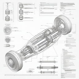 A detailed technical sketch of a car suspension system, showcasing the various components such as shock absorbers, springs, and control arms