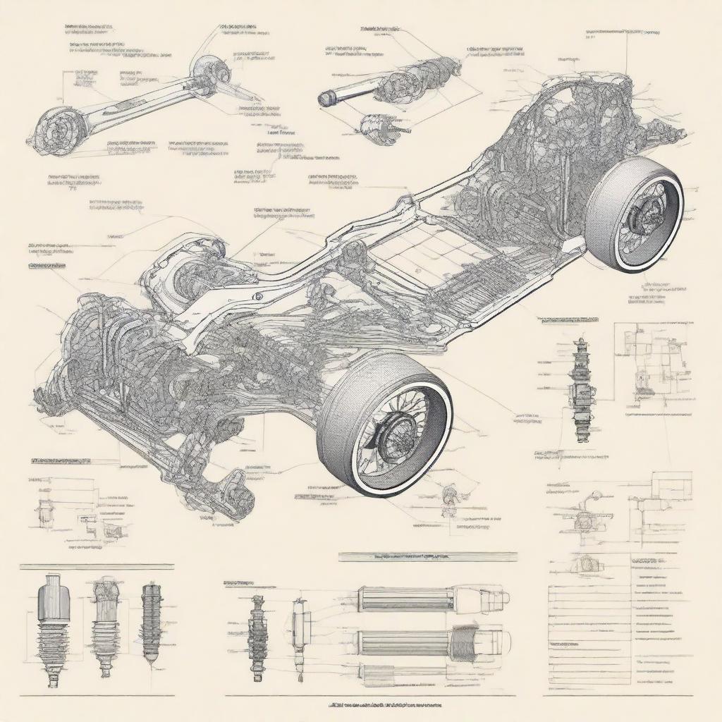 A detailed technical sketch of a car suspension system, showcasing the various components such as shock absorbers, springs, and control arms