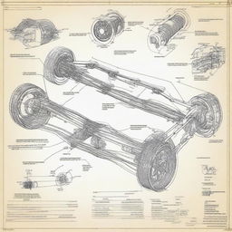 A detailed technical sketch of a car suspension system, showcasing the various components such as shock absorbers, springs, and control arms