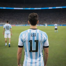 A 25-year-old man standing in a football stadium field, holding the World Cup in his left hand, under the shining night sky. He is wearing a 2018 Argentina number 10 jersey with the name 'AJBIR' on it. Image is taken from his back side, with a gallery in the background.