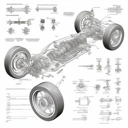 A detailed sketch of a car suspension system, showcasing the various components like springs, shock absorbers, and control arms