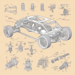 A detailed sketch of a car suspension system, showcasing the various components like springs, shock absorbers, and control arms