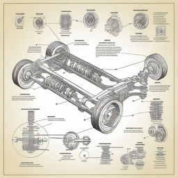 A detailed sketch of a car suspension system, showcasing the various components like springs, shock absorbers, and control arms