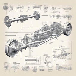 A detailed sketch of a car suspension system, showcasing the various components like springs, shock absorbers, and control arms