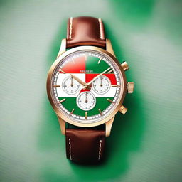 A vintage style chronograph watch featuring the colors of the Hungarian national flag