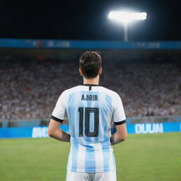 A 25-year-old man standing in a football stadium field, holding the World Cup in his left hand, under the shining night sky. He is wearing a 2018 Argentina number 10 jersey with the name 'AJBIR' on it. Image is taken from his back side, with a gallery in the background.