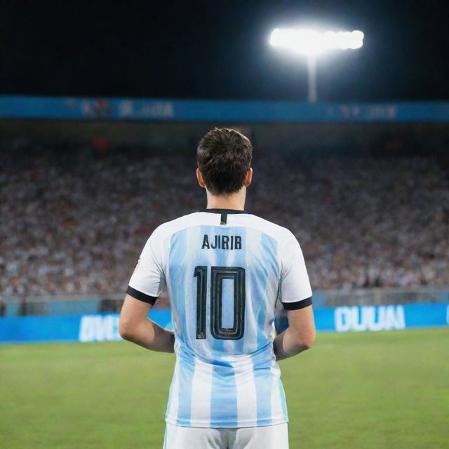A 25-year-old man standing in a football stadium field, holding the World Cup in his left hand, under the shining night sky. He is wearing a 2018 Argentina number 10 jersey with the name 'AJBIR' on it. Image is taken from his back side, with a gallery in the background.