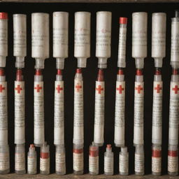 A collection of syringes and drug bottles, all marked prominently with a red cross symbolizing prohibition.