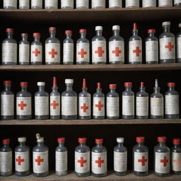 A collection of syringes and drug bottles, all marked prominently with a red cross symbolizing prohibition.