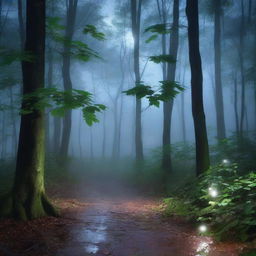 A serene night scene in a dense forest with rain gently falling