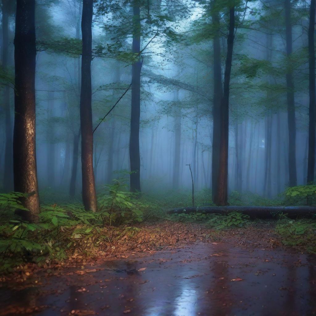 A serene night scene in a dense forest with rain gently falling