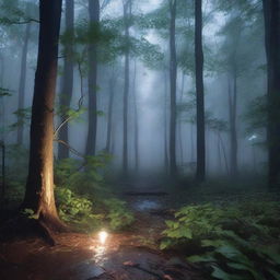 A serene night scene in a dense forest with rain gently falling