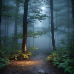 A serene night scene in a dense forest with rain gently falling