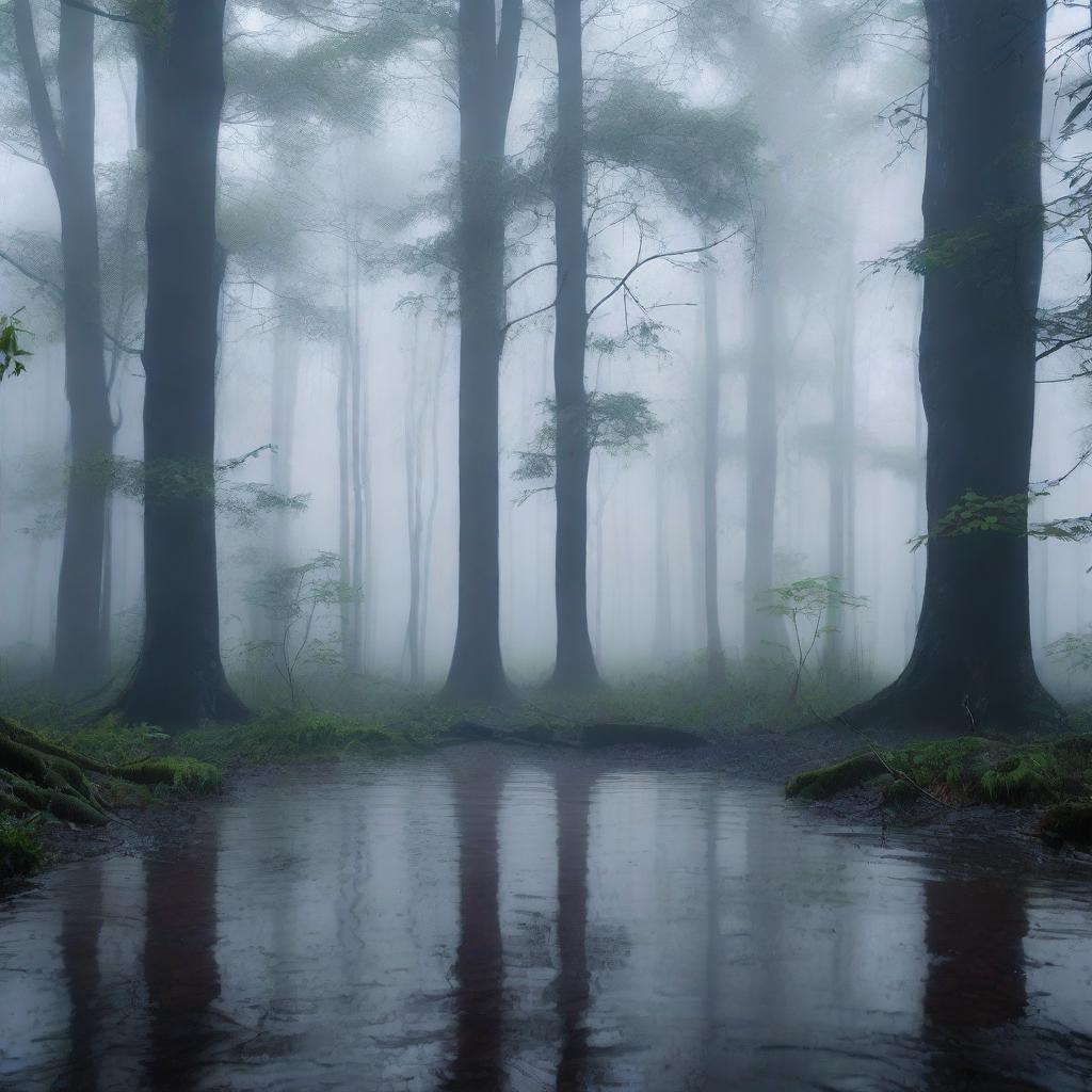 A serene scene of rain falling in a dark forest