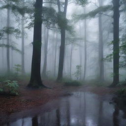 A serene scene of rain falling in a dark forest