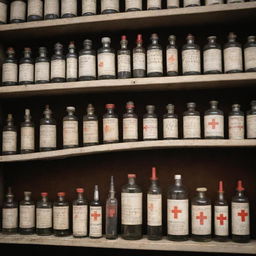 A collection of syringes and drug bottles, all marked prominently with a red cross symbolizing prohibition.