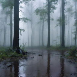 A serene scene of rain falling in a dark forest