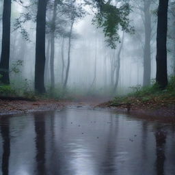 A serene scene of rain falling in a dark forest