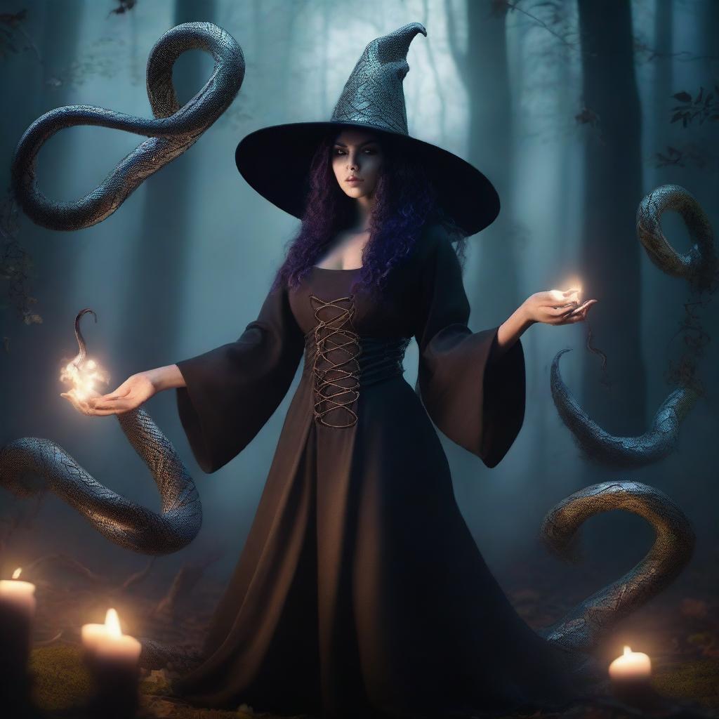 A witch transforming into a snake, with mystical energy swirling around her