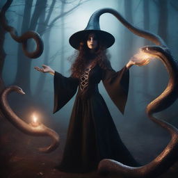 A witch transforming into a snake, with mystical energy swirling around her