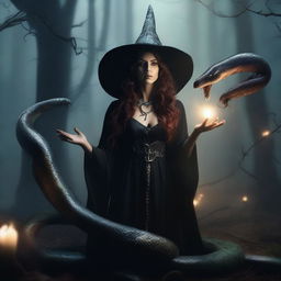 A witch transforming into a snake, with mystical energy swirling around her