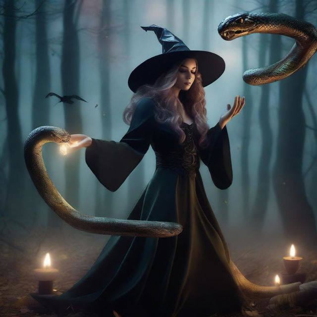 A witch transforming into a snake, with mystical energy swirling around her