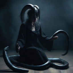 An ugly witch transforming into a snake