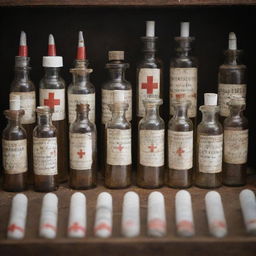 A collection of syringes and drug bottles, all marked prominently with a red cross symbolizing prohibition.