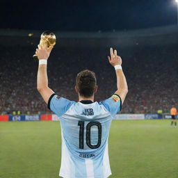 A 25-year-old man standing in a football stadium field, holding the World Cup in his left hand, under the shining night sky. He's wearing a 2018 Argentina number 10 jersey with the name 'AJBIR' on it. Image is taken from his back, showing him in front of a cheering gallery.