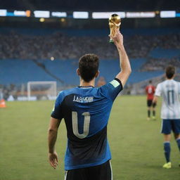 A 25-year-old man standing in a football stadium field, holding the World Cup in his left hand, under the shining night sky. He's wearing a 2018 Argentina number 10 jersey with the name 'AJBIR' on it. Image is taken from his back, showing him in front of a cheering gallery.