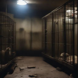 A dark and eerie basement filled with caged animals