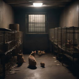 A dark and eerie basement filled with caged animals