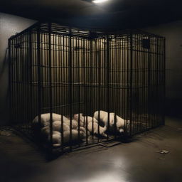 A dark and eerie basement filled with caged animals