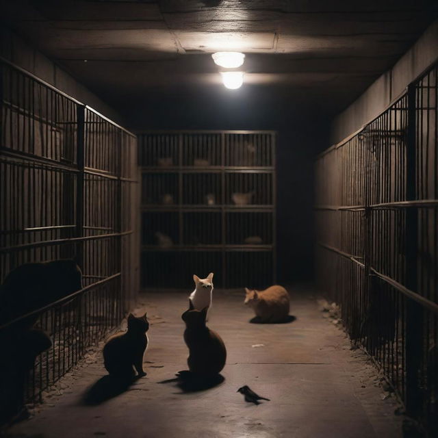 A dark and eerie basement filled with caged animals