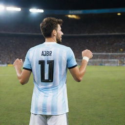 A 25-year-old man standing in a football stadium field, holding the World Cup in his left hand, under the shining night sky. He's wearing a 2018 Argentina number 10 jersey with the name 'AJBIR' on it. Image is taken from his back, showing him in front of a cheering gallery.