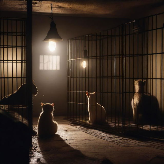 A dimly lit basement with various animals trapped in cages