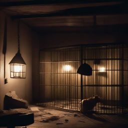 A dimly lit basement with various animals trapped in cages