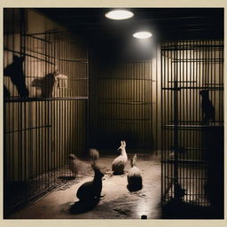 A dimly lit basement with various animals trapped in cages