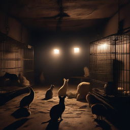 A dimly lit basement with various animals trapped in cages