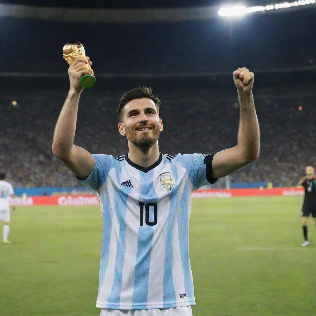 A 25-year-old man standing in a football stadium field, holding the World Cup in his left hand, under the shining night sky. He's wearing a 2018 Argentina number 10 jersey with the name 'AJBIR' on it. Image is taken from his back, showing him in front of a cheering gallery.