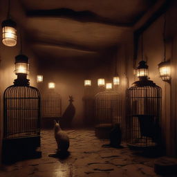 A subterranean basement with various animals trapped in cages, illuminated by old-fashioned lanterns