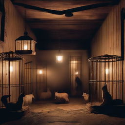 A subterranean basement with various animals trapped in cages, illuminated by old-fashioned lanterns