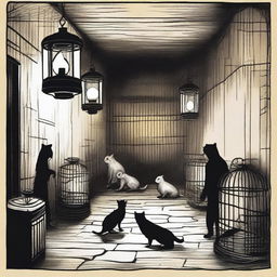 A subterranean basement with various animals trapped in cages, illuminated by old-fashioned lanterns