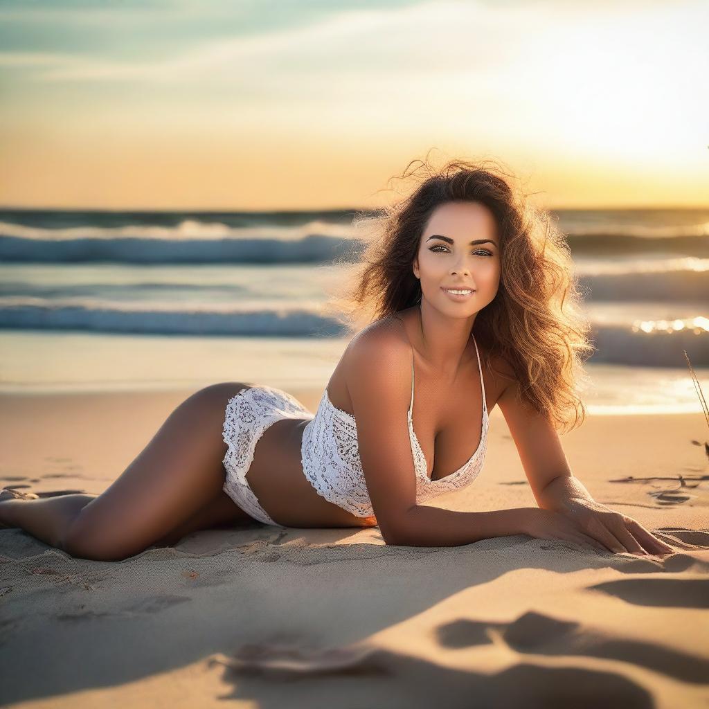 A beautiful woman lying on the beach in a seductive pose, with the ocean waves gently crashing behind her and the sun setting in the distance, casting a warm glow over the scene