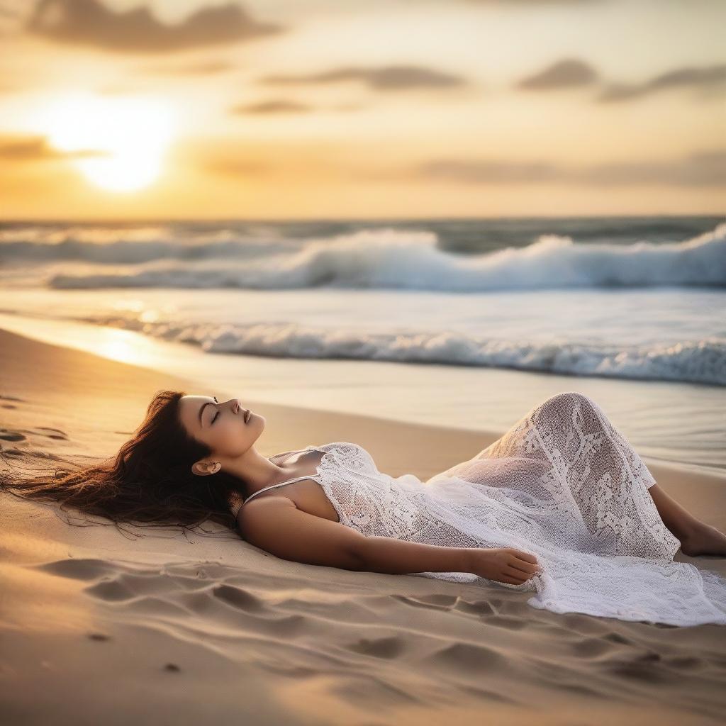 A beautiful woman lying on the beach in a seductive pose, with the ocean waves gently crashing behind her and the sun setting in the distance, casting a warm glow over the scene